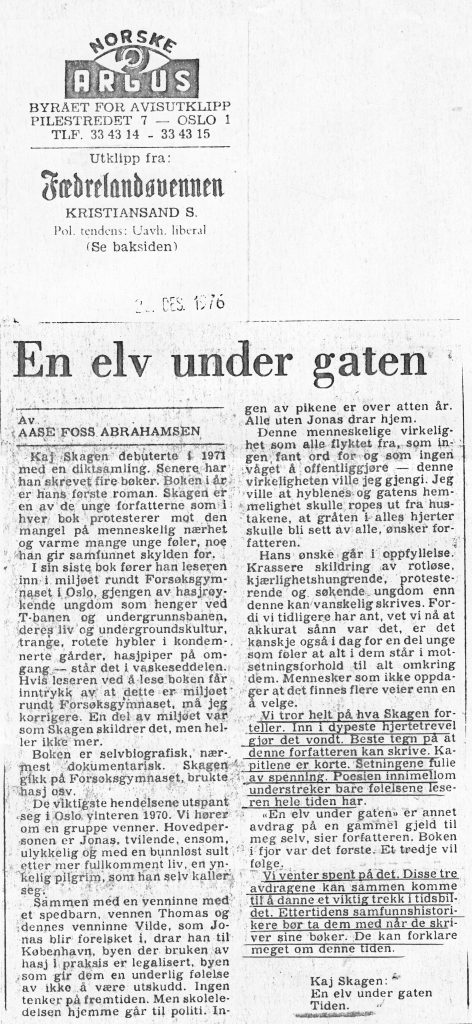 Utklipp fra Fædrelandsvennen 1976