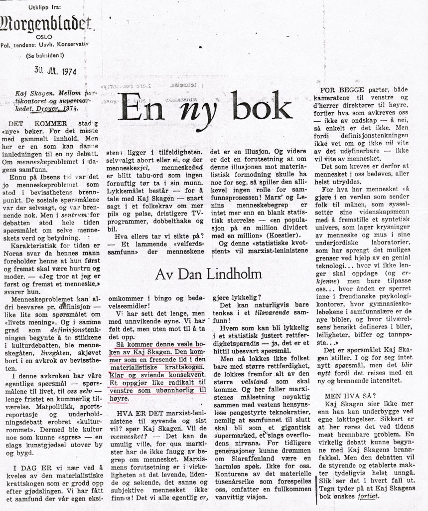 Utklipp fra Morgenbladet 1974
