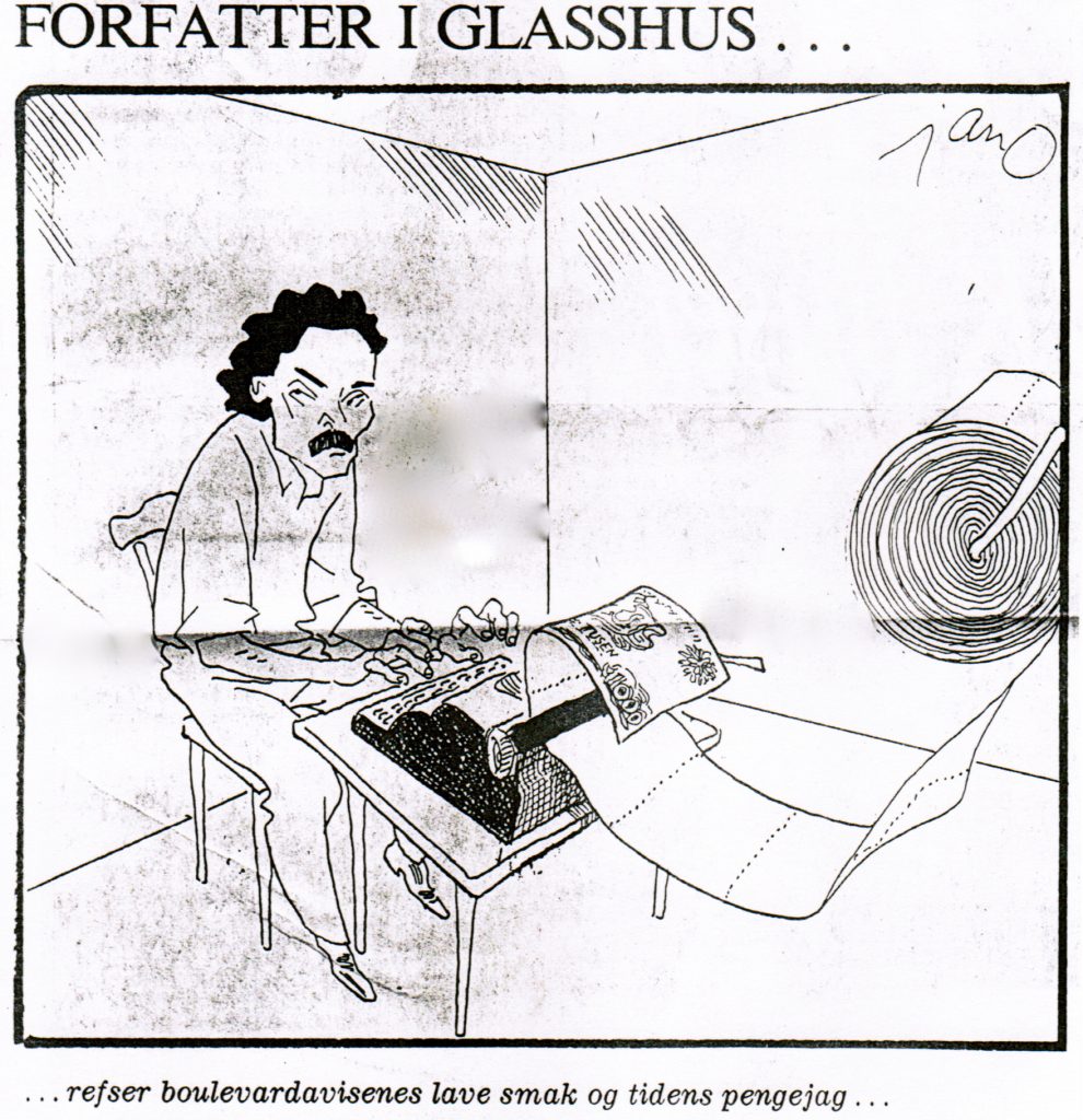 Forfatter i glasshus, tegning av Jan O. i Adresseavisen 1988