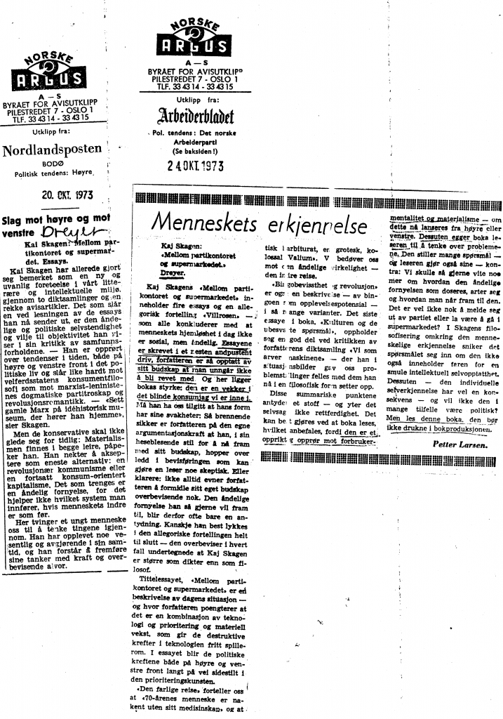 Faksimiler fra Nordlandsposten og Arbeiderbladet 1973